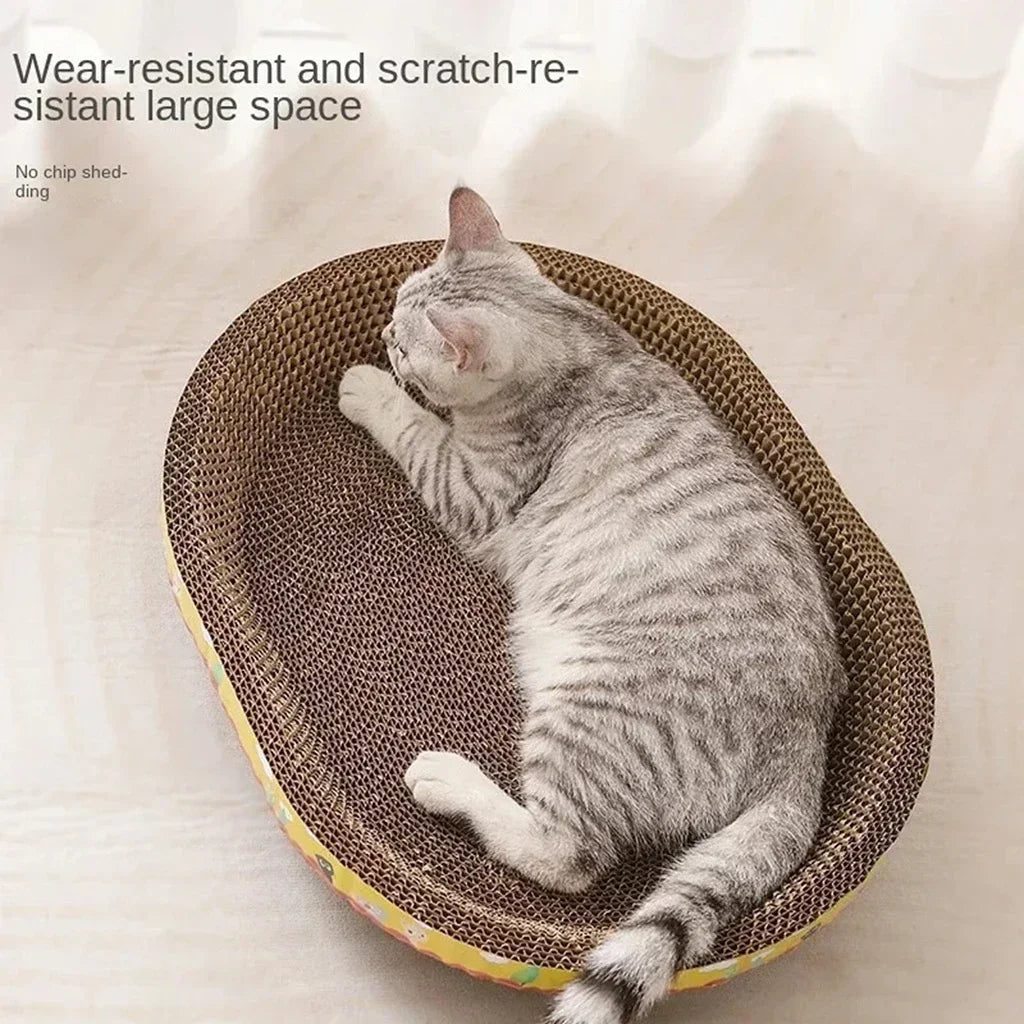 Oval corrugated cardboard cat scratcher bed