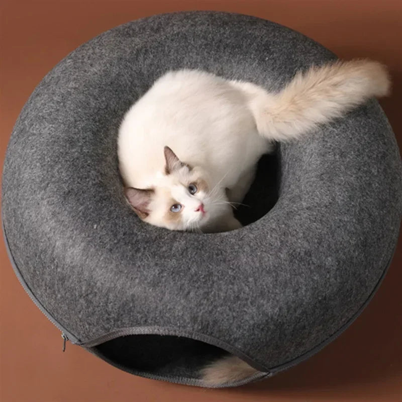 Felt Donut Cat Bed & Tunnel – 2-in-1 Zip-Apart Hideaway
