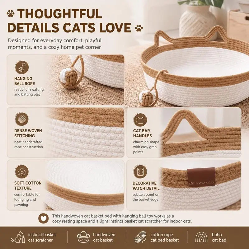 35/40/46cm Handwoven Cotton Rope Cat Basket Bed with Cat Ear Handles Ball Toy Indoor Cat Nest Sleeping Basket
