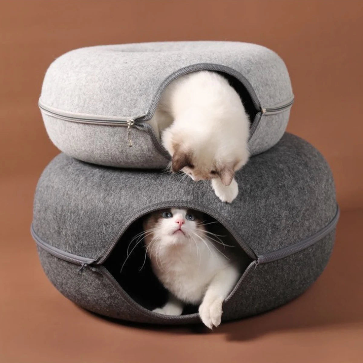 Felt Donut Cat Bed & Tunnel – 2-in-1 Zip-Apart Hideaway