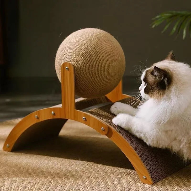 Wooden cat scratcher with ball, a scratch board and toy in one