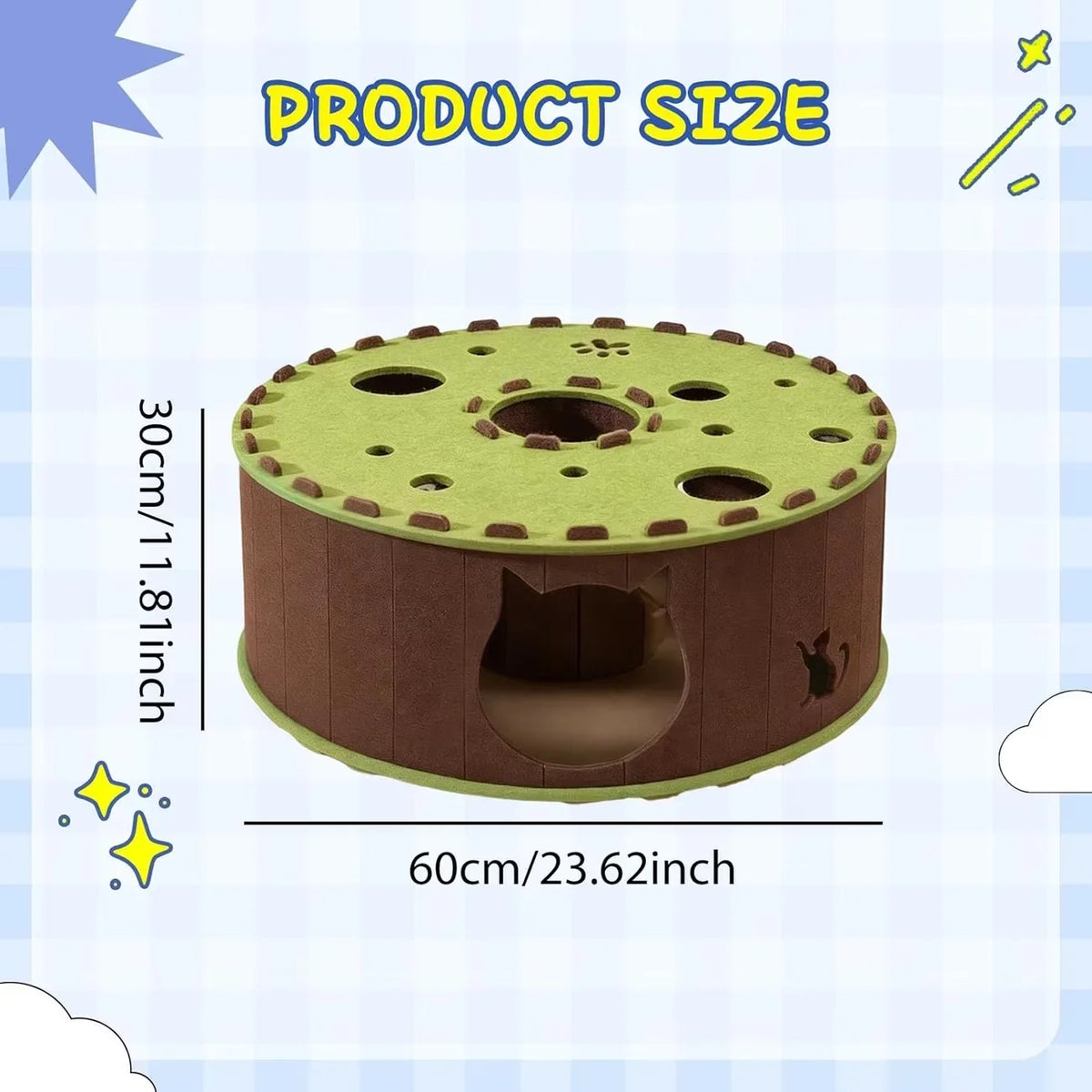 Peek-a-Boo Felt Cat House – Round Tunnel Hideout with Paw Holes (24")