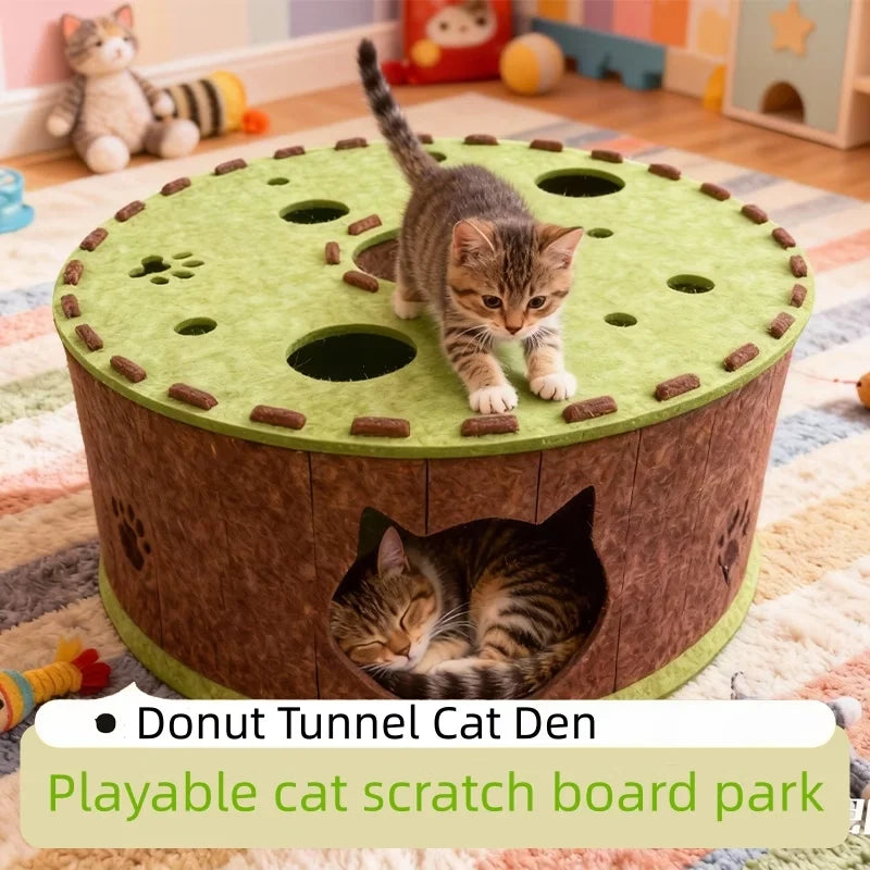 Peek-a-Boo Felt Cat House – Round Tunnel Hideout with Paw Holes (24")
