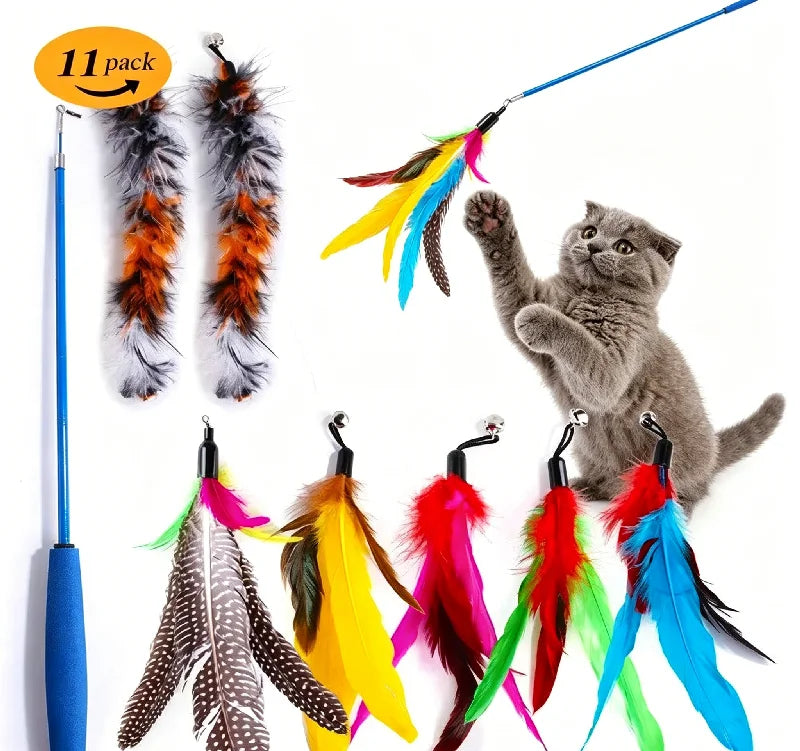 Cat Feather Wand Toy Set – Retractable Wand + 10 Heads