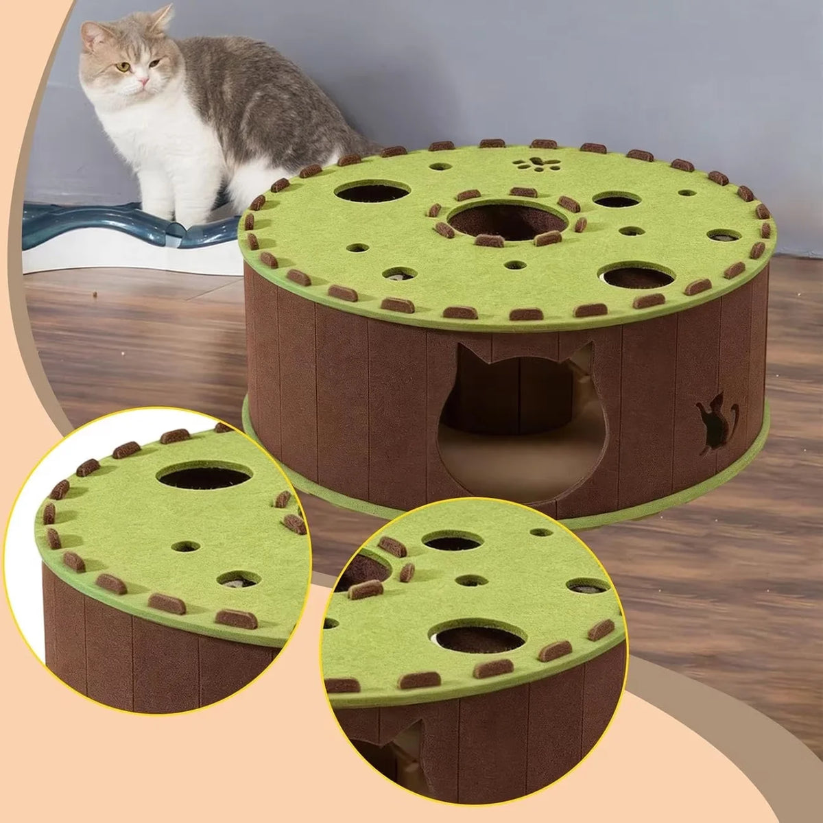 Peek-a-Boo Felt Cat House – Round Tunnel Hideout with Paw Holes (24")