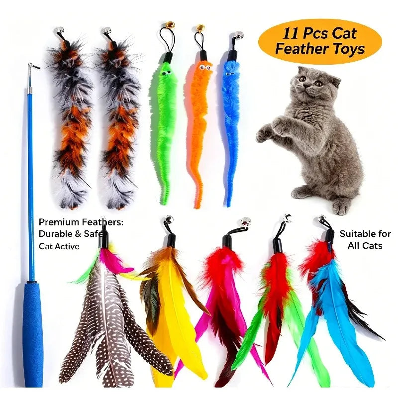 Cat Feather Wand Toy Set – Retractable Wand + 10 Heads