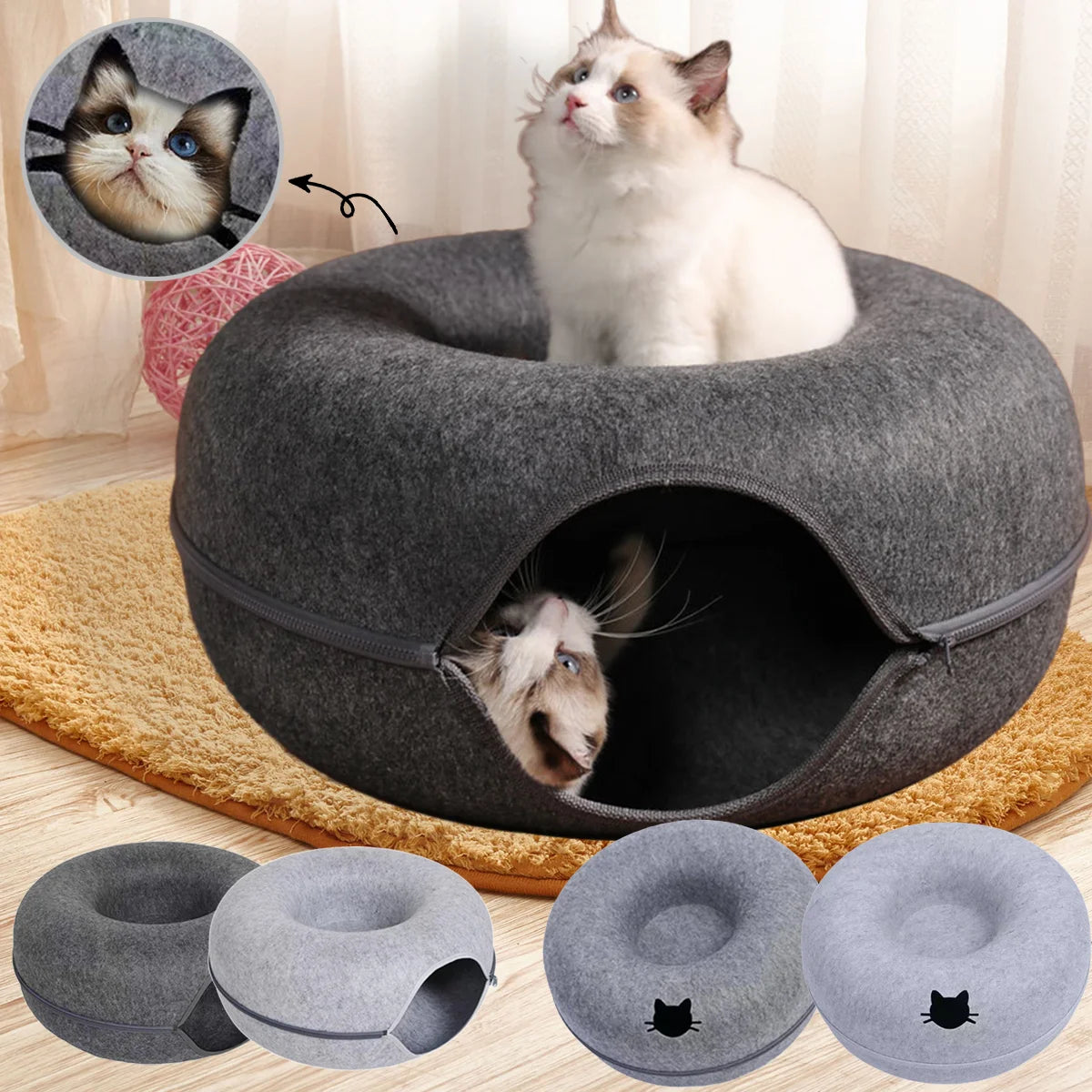 Felt Donut Cat Bed & Tunnel – 2-in-1 Zip-Apart Hideaway
