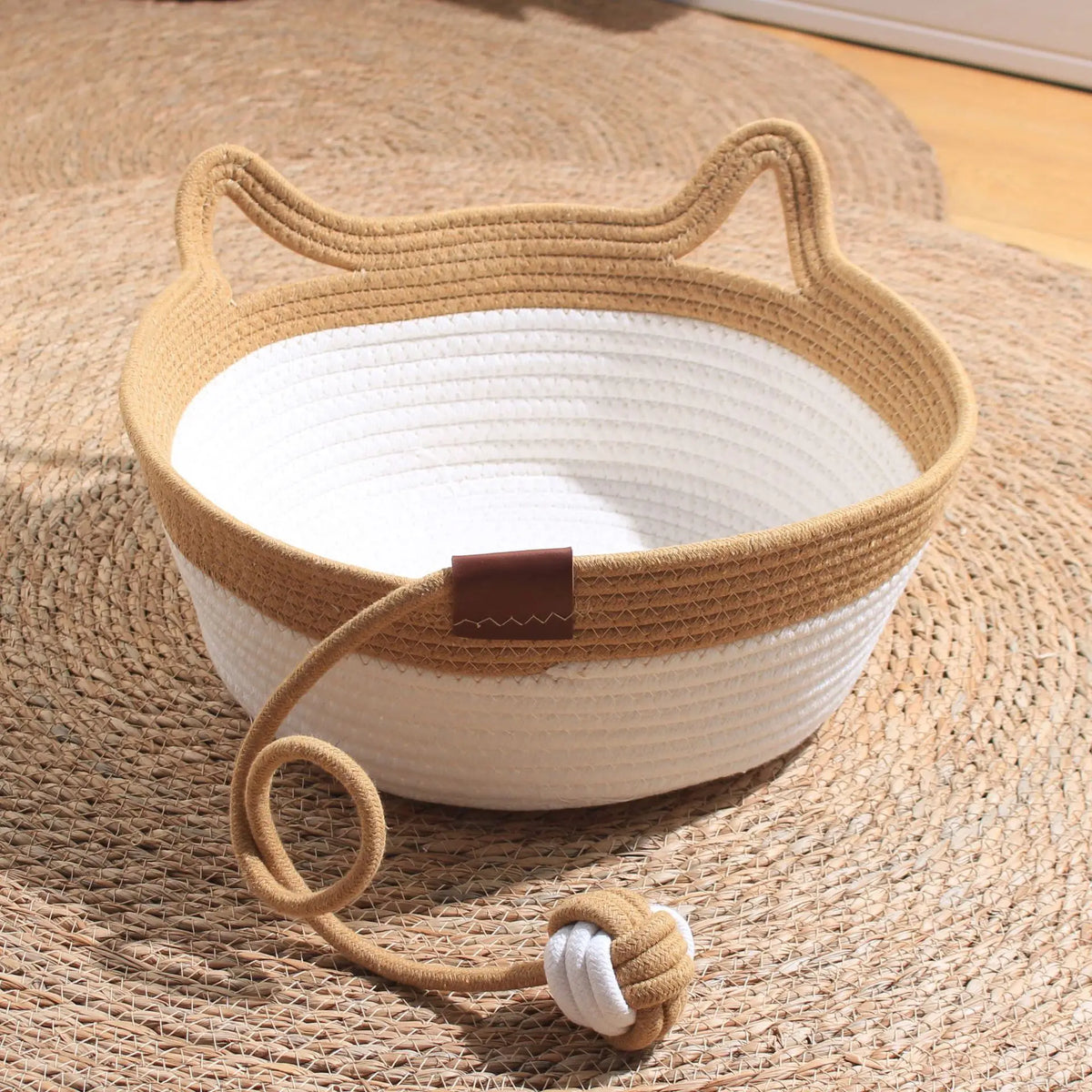 35/40/46cm Handwoven Cotton Rope Cat Basket Bed with Cat Ear Handles Ball Toy Indoor Cat Nest Sleeping Basket