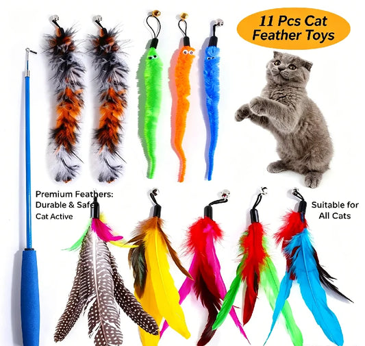 Cat Feather Wand Toy Set – Retractable Wand + 10 Heads