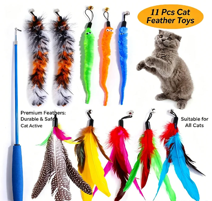 Cat Feather Wand Toy Set – Retractable Wand + 10 Heads