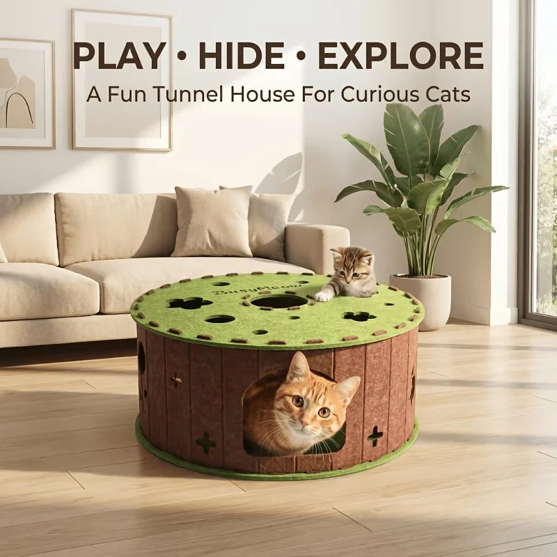 Peek-a-Boo Felt Cat House – Round Tunnel Hideout with Paw Holes (24")