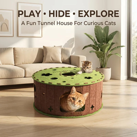 Peek-a-Boo Felt Cat House – Round Tunnel Hideout with Paw Holes (24")