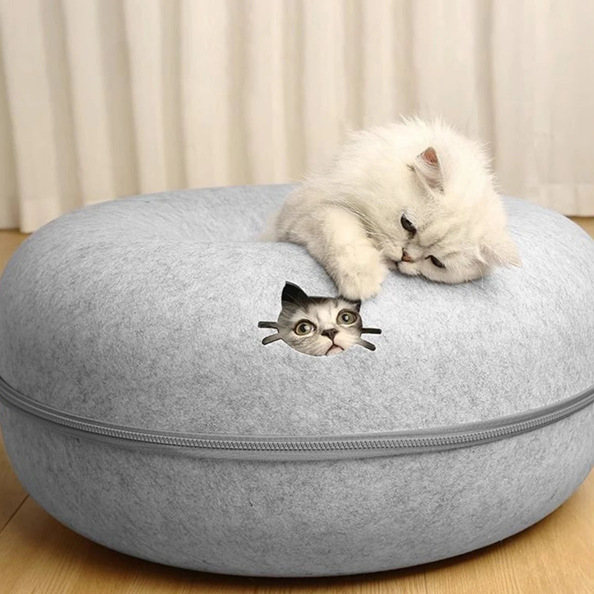 Felt Donut Cat Bed & Tunnel – 2-in-1 Zip-Apart Hideaway
