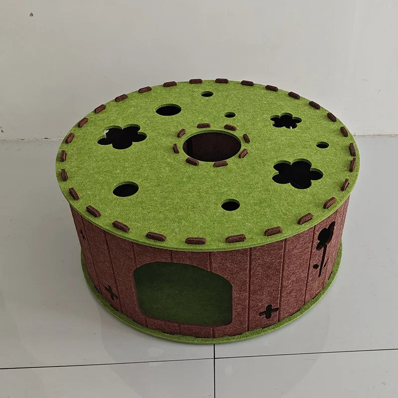 Peek-a-Boo Felt Cat House – Round Tunnel Hideout with Paw Holes (24")