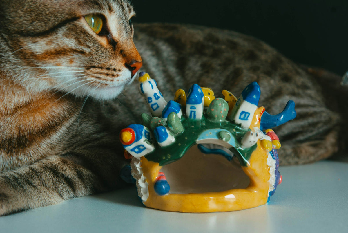 Cat playing with a toy on a table